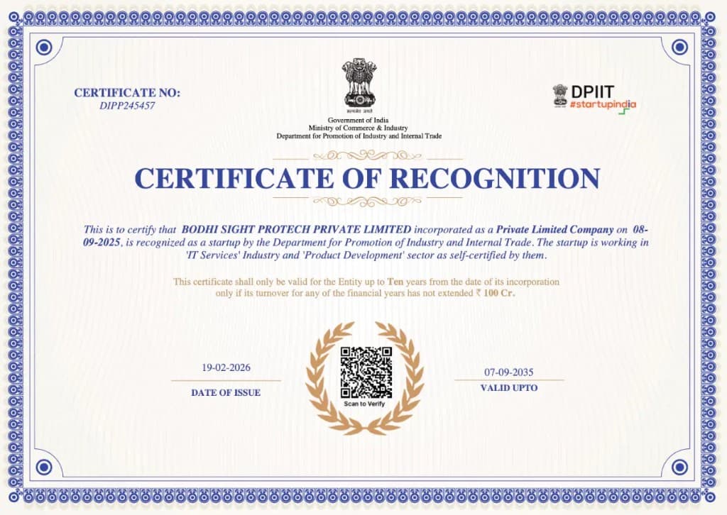 DPIIT Startup India Certificate - Bodhi Sight Protech Private Limited